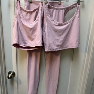 All in Motion Light Pink Ribbed Leggings (small) and 2 sports bras—med/large